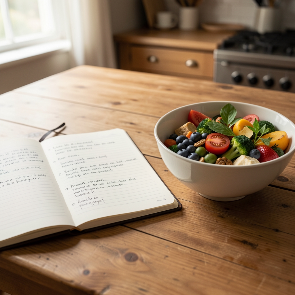 Open notebook with handwritten food entries beside a bowl of whole foods on a wooden kitchen table, morning natural light