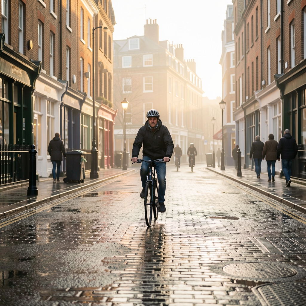 Early morning street in London with cyclist visible in background, soft dawn light on wet pavement, active commute scene